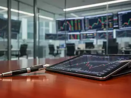Ein moderner Büroarbeitsplatz mit Finanzdiagrammen auf Bildschirmen im Hintergrund, die steigende und fallende Kurse zeigen. - Foto: über boerse-global.de