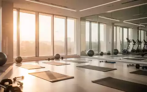 Ein leerer, sonnendurchfluteter Fitnessraum am frühen Morgen mit ordentlich aufgereihten Yogamatten. - Foto: über boerse-global.de