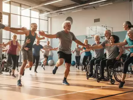 Eine diverse Gruppe von Menschen bei einer inklusiven Sportstunde in einer hellen Sporthalle. - Foto: über boerse-global.de