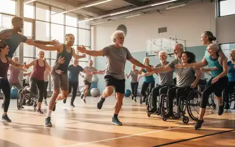 Eine diverse Gruppe von Menschen bei einer inklusiven Sportstunde in einer hellen Sporthalle. - Foto: über boerse-global.de