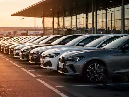 Moderne Mietwagenflotte auf einem Parkplatz vor einem Flughafenterminal bei Sonnenuntergang. - Foto: über boerse-global.de