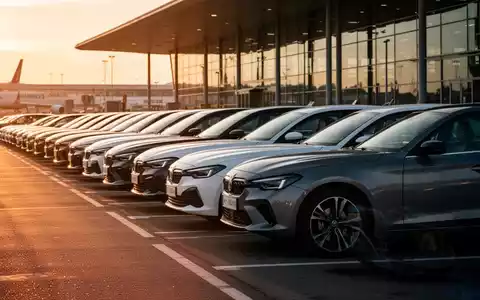 Moderne Mietwagenflotte auf einem Parkplatz vor einem Flughafenterminal bei Sonnenuntergang. - Foto: über boerse-global.de