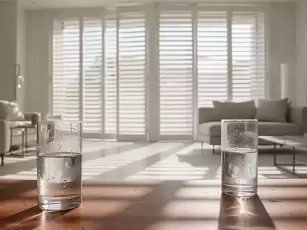 Modernes Wohnzimmer mit geschlossenen Jalousien und einem Glas Wasser als Symbol für sommerliche Hitze und Raumklima. - Foto: über boerse-global.de