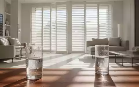 Modernes Wohnzimmer mit geschlossenen Jalousien und einem Glas Wasser als Symbol für sommerliche Hitze und Raumklima. - Foto: über boerse-global.de