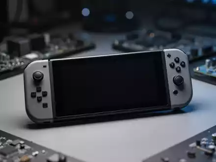 Eine Handheld-Spielkonsole liegt auf einem Arbeitstisch mit schwarzem, inaktivem Bildschirm. - Foto: über boerse-global.de