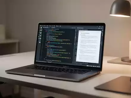 Ein moderner, minimalistischer Home-Office-Schreibtisch mit Laptop, der professionelle Softwareentwicklungs- und Dokumentenoberflächen zeigt. - Foto: über boerse-global.de