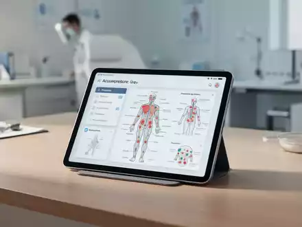 Ein Tablet zeigt eine digitale Anleitung zur Akupressur auf einem modernen Schreibtisch in einer medizinischen Umgebung. - Foto: über boerse-global.de
