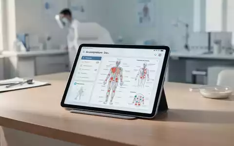 Ein Tablet zeigt eine digitale Anleitung zur Akupressur auf einem modernen Schreibtisch in einer medizinischen Umgebung. - Foto: über boerse-global.de