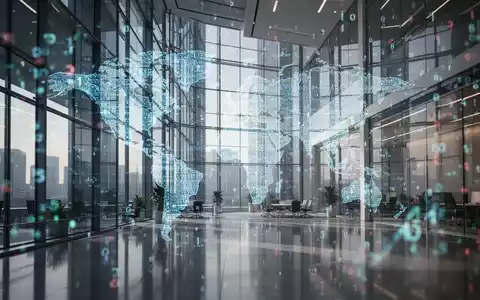 Abstrakte Darstellung von globalen Finanzströmen und digitaler Blockchain-Infrastruktur in einem modernen Bürogebäude. - Foto: über boerse-global.de