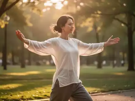 Eine Person praktiziert Qi Gong bei sanftem Licht in einem Park zur Förderung der mentalen Entspannung. - Foto: über boerse-global.de