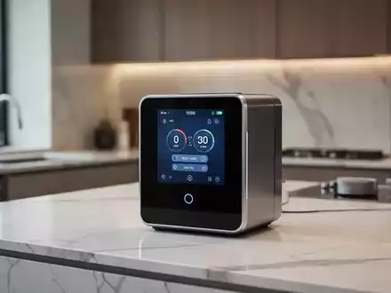 Moderne Küchenmaschine auf einer Arbeitsplatte mit digitalem Display zur Steuerung von Kochprozessen. - Foto: über boerse-global.de