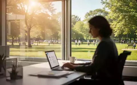 Ein moderner Schreibtisch mit Laptop vor einem sonnigen Fenster mit Blick ins Grüne als Symbol für die Vereinbarkeit. - Foto: über boerse-global.de