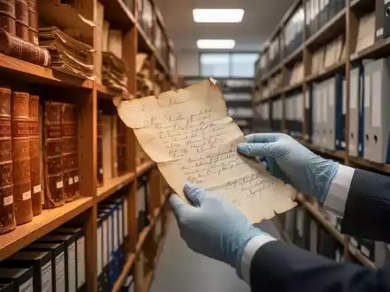 Ein Archivmitarbeiter mit Handschuhen begutachtet historische Dokumente in einem professionellen Archivraum. - Foto: über boerse-global.de