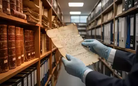Ein Archivmitarbeiter mit Handschuhen begutachtet historische Dokumente in einem professionellen Archivraum. - Foto: über boerse-global.de