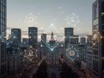 Abstrakte Darstellung europäischer Zukunftsplanung mit leuchtenden Netzwerkknoten vor einer modernen Stadtlandschaft. - Foto: über boerse-global.de