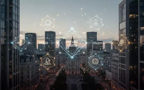 Abstrakte Darstellung europäischer Zukunftsplanung mit leuchtenden Netzwerkknoten vor einer modernen Stadtlandschaft. - Foto: über boerse-global.de