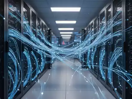 Abstraktes, modernes Serverzentrum mit leuchtenden Glasfaserkabeln als Symbol für Cybersicherheit im Finanzsektor. - Foto: über boerse-global.de
