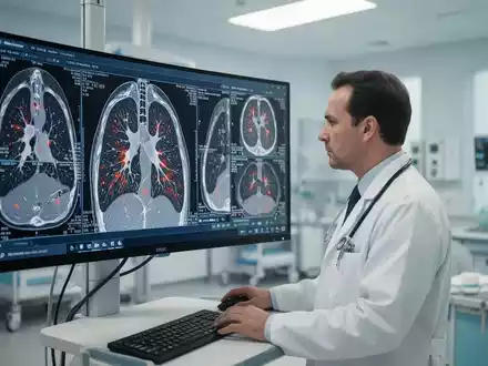 Onkologe betrachtet hochauflösende 3D-Lungen-CT-Aufnahmen auf einem Monitor in einer modernen klinischen Umgebung. - Foto: über boerse-global.de