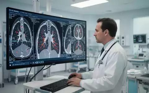 Onkologe betrachtet hochauflösende 3D-Lungen-CT-Aufnahmen auf einem Monitor in einer modernen klinischen Umgebung. - Foto: über boerse-global.de