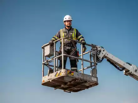 Ein Techniker in Sicherheitsausrüstung und Klettergurt steht im Arbeitskorb einer Hubarbeitsbühne. - Foto: über boerse-global.de