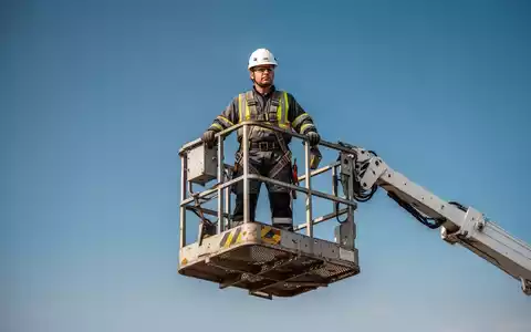 Ein Techniker in Sicherheitsausrüstung und Klettergurt steht im Arbeitskorb einer Hubarbeitsbühne. - Foto: über boerse-global.de