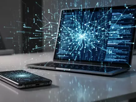 Konzeptbild eines Smartphones und Laptops mit abstrakten digitalen Datenströmen, die Netzwerksicherheit darstellen. - Foto: über boerse-global.de