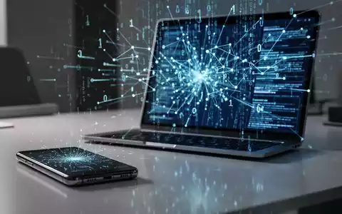 Konzeptbild eines Smartphones und Laptops mit abstrakten digitalen Datenströmen, die Netzwerksicherheit darstellen. - Foto: über boerse-global.de