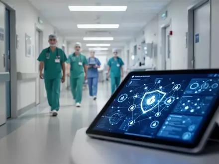 Ein modernes Krankenhausflur mit einem digitalen Tablet im Vordergrund, das Cybersicherheits-Dashboards anzeigt. - Foto: über boerse-global.de
