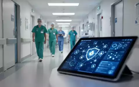 Ein modernes Krankenhausflur mit einem digitalen Tablet im Vordergrund, das Cybersicherheits-Dashboards anzeigt. - Foto: über boerse-global.de