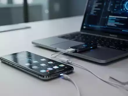 Ein Smartphone liegt neben einem Laptop auf einem Schreibtisch, um die verbesserte Konnektivität zwischen den Geräten zu symbolisieren. - Foto: über boerse-global.de