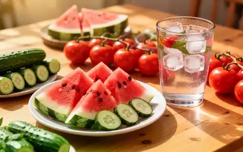 Frisches Sommergemüse wie Gurken und Wassermelone neben einem Glas Wasser auf einem hellen Holztisch bei Sonnenlicht. - Foto: über boerse-global.de