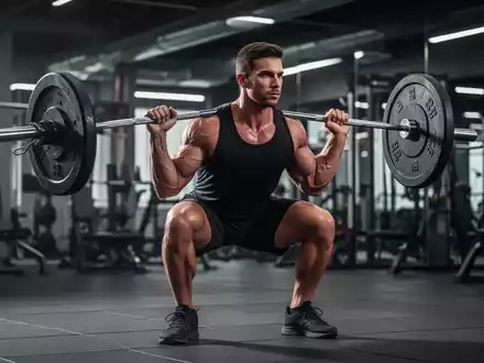 Ein Sportler führt in einem modernen Fitnessstudio eine kontrollierte Kniebeuge mit einer Langhantel aus. - Foto: über boerse-global.de