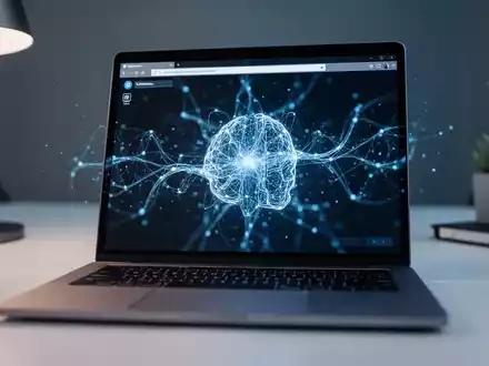 Laptop-Bildschirm mit moderner Browseroberfläche und digitalem KI-Neuronalnetz-Overlay. - Foto: über boerse-global.de