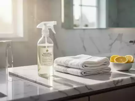 Ein helles, modernes Badezimmer mit einer Sprühflasche für Reinigungsmittel und Zitronenscheiben auf einem Marmorwaschtisch. - Foto: über boerse-global.de