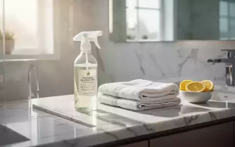 Ein helles, modernes Badezimmer mit einer Sprühflasche für Reinigungsmittel und Zitronenscheiben auf einem Marmorwaschtisch. - Foto: über boerse-global.de