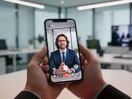 Eine Person hält ein modernes Smartphone mit Videoanruf-Oberfläche in einem professionellen Büro. - Foto: über boerse-global.de