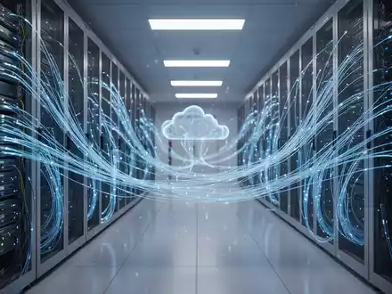 Hochtechnologischer Serverraum mit leuchtenden Glasfaserkabeln für Cloud-Infrastruktur und KI-Datenverbindung. - Foto: über boerse-global.de