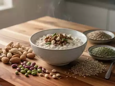 Eine Schale mit Overnight Oats und verschiedenen Hülsenfrüchten sowie Nüssen auf einem Holztisch als Symbol für Nährstoffe. - Foto: über boerse-global.de