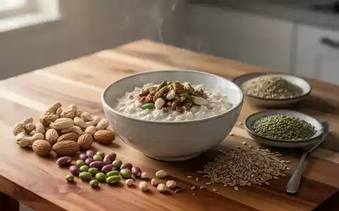 Eine Schale mit Overnight Oats und verschiedenen Hülsenfrüchten sowie Nüssen auf einem Holztisch als Symbol für Nährstoffe. - Foto: über boerse-global.de