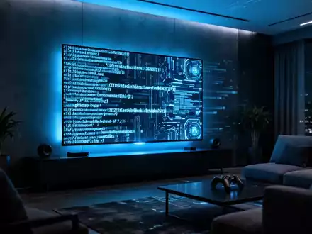 Ein leuchtender Smart-TV in einem dunklen Wohnzimmer, auf dessen Bildschirm abstrakter digitaler Code zu sehen ist. - Foto: über boerse-global.de