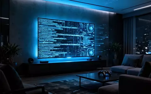 Ein leuchtender Smart-TV in einem dunklen Wohnzimmer, auf dessen Bildschirm abstrakter digitaler Code zu sehen ist. - Foto: über boerse-global.de