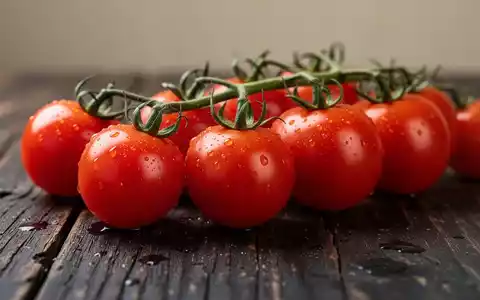 Frische, glänzende Cherrytomaten auf einem dunklen Holztisch in einer professionellen Food-Fotografie. - Foto: über boerse-global.de