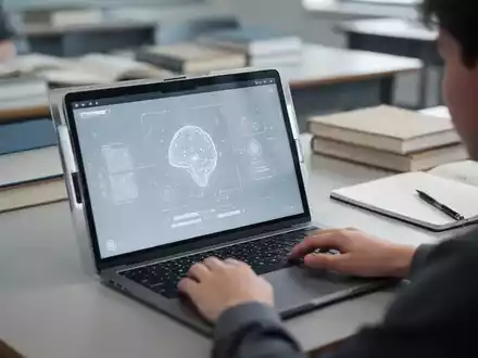 Ein Student nutzt ein Laptop in einem modernen Klassenzimmer, fokussiert auf KI-integrierte Lernwerkzeuge. - Foto: über boerse-global.de