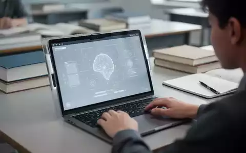 Ein Student nutzt ein Laptop in einem modernen Klassenzimmer, fokussiert auf KI-integrierte Lernwerkzeuge. - Foto: über boerse-global.de