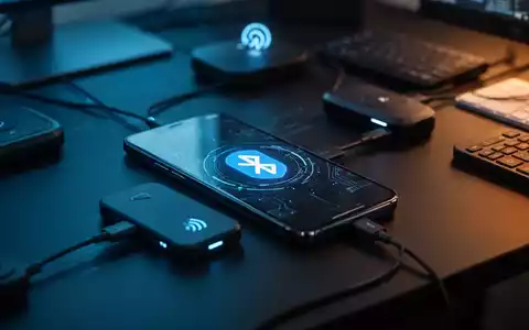 Ein Smartphone auf einem Schreibtisch mit Bluetooth-Symbol, das Sicherheitsrisiken und Cyber-Bedrohungen durch Peripheriegeräte symbolisiert. - Foto: über boerse-global.de