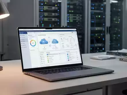 Ein moderner IT-Arbeitsplatz mit Laptop, auf dem Cloud-Infrastruktur-Dashboards zur Verwaltung von Microsoft-Umgebungen zu sehen sind. - Foto: über boerse-global.de