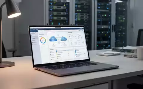 Ein moderner IT-Arbeitsplatz mit Laptop, auf dem Cloud-Infrastruktur-Dashboards zur Verwaltung von Microsoft-Umgebungen zu sehen sind. - Foto: über boerse-global.de
