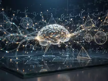 Abstrakte Visualisierung eines neuronalen Netzes, das mit komplexen mathematischen Gleichungen auf einer dunklen OberflĂ€che verschmilzt. - Foto: ĂŒber boerse-global.de