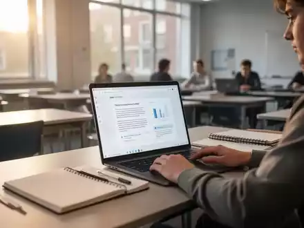 Ein Student arbeitet an einem Laptop in einem modernen Klassenzimmer mit Fokus auf akademische Technologieintegration. - Foto: über boerse-global.de