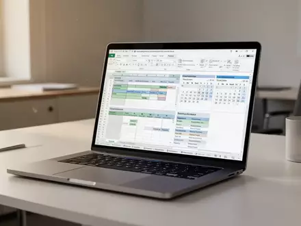 Ein Laptop-Bildschirm mit organisierten Projektmanagement-Vorlagen und Kalenderrastern in einem professionellen Büroumfeld. - Foto: über boerse-global.de
